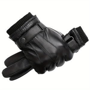 1 Pair of Premium Black PU Leather Gloves - Warm, Waterproof, and Coldproof for Outdoor Activities - Velvet Lined, Elastic, and Vintage Style for Mature Users