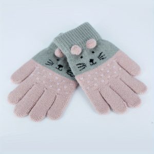 1pair Kids Winter Gloves For 3-8 Years Old, Cute Knitted Cat Five-finger Brushed Warm Gloves