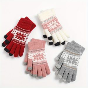 2 Pairs Christmas Gifts for Women Winter Touchscreen Gloves Bulk Knit Gloves Warm Snowflake Stretchy Gloves