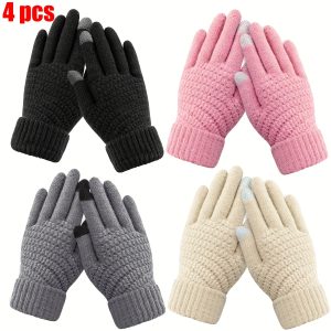 4pcs Women's Touchscreen Winter Gloves - Warm, Knit With Elastic Cuffs For Comfort Fit & Smartphone Use