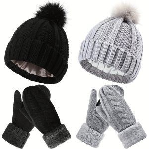 4 Pcs Satin Lined Winter Beanie Hat and Mittens Sets - Women's Accessories with Pom Knit Beanie, Wool Knit Winter Gloves for Hiking and Skiing - Black and Light Grey Colors, Soft, Warm, and Cozy