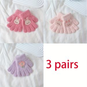 3 Pairs Of Children's Infant And Toddler Gloves For Autumn And Winter, Cute Bear And Rabbit, Warm Five-finger Plush Thickened Solid Color Children's Gloves, Suitable For Children 6-24 Months Old