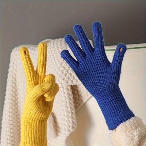 Minimalist Solid Color Knit Gloves Elegant Vertical Striped Touchscreen Gloves Autumn Winter Thick Soft Warm Coldproof Split Finger Gloves