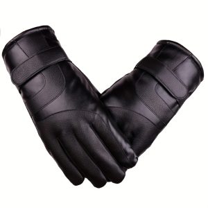 1pair Men's Winter PU Leather Thickened Warm Cycling Outdoor Anti-Slip Gloves