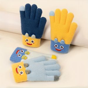 Kids Cartoon Full Finger Gloves - 1 Pair, Acrylic Knitted Warm Winter Gloves, Non-Slip, Hand Washable, for Boys Aged 3-14 Years - For Daily Outdoor Activities & Cycling