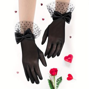 Chic Black Polka Dot Satin Gloves with Bow - Breathable, Sun-Protective Short Gloves for Women | Perfect for Weddings & Halloween