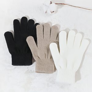 3pcs Women's Cozy Knit Gloves - Solid Color, Stretch Fit For Outdoor Leisure, Warm & Windproof With Machine Washable Feature