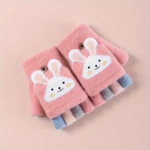 1pair Children's Winter Half-finger Flip Gloves, Warm And Velvet Thickened, Cute Cartoon Finger Gloves