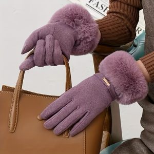 Cozy Winter Touchscreen Gloves For Women - Double-Layered, Thickened With Faux Rabbit Fur, Windproof & Warm, Perfect For Outdoor Activities